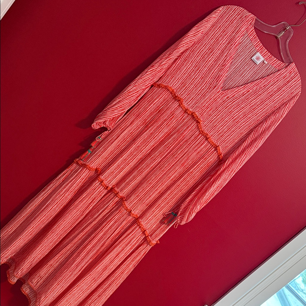 Tessora Tiered Maxi Dress W/ Beaded Tassels On Long Sleeves